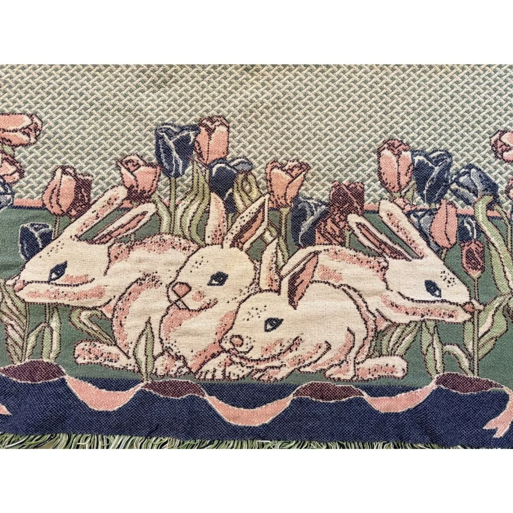 Vintage Rabbit Bunny Tapestry Throw Blanket Afghan Floral Cottage 68x47 1990s